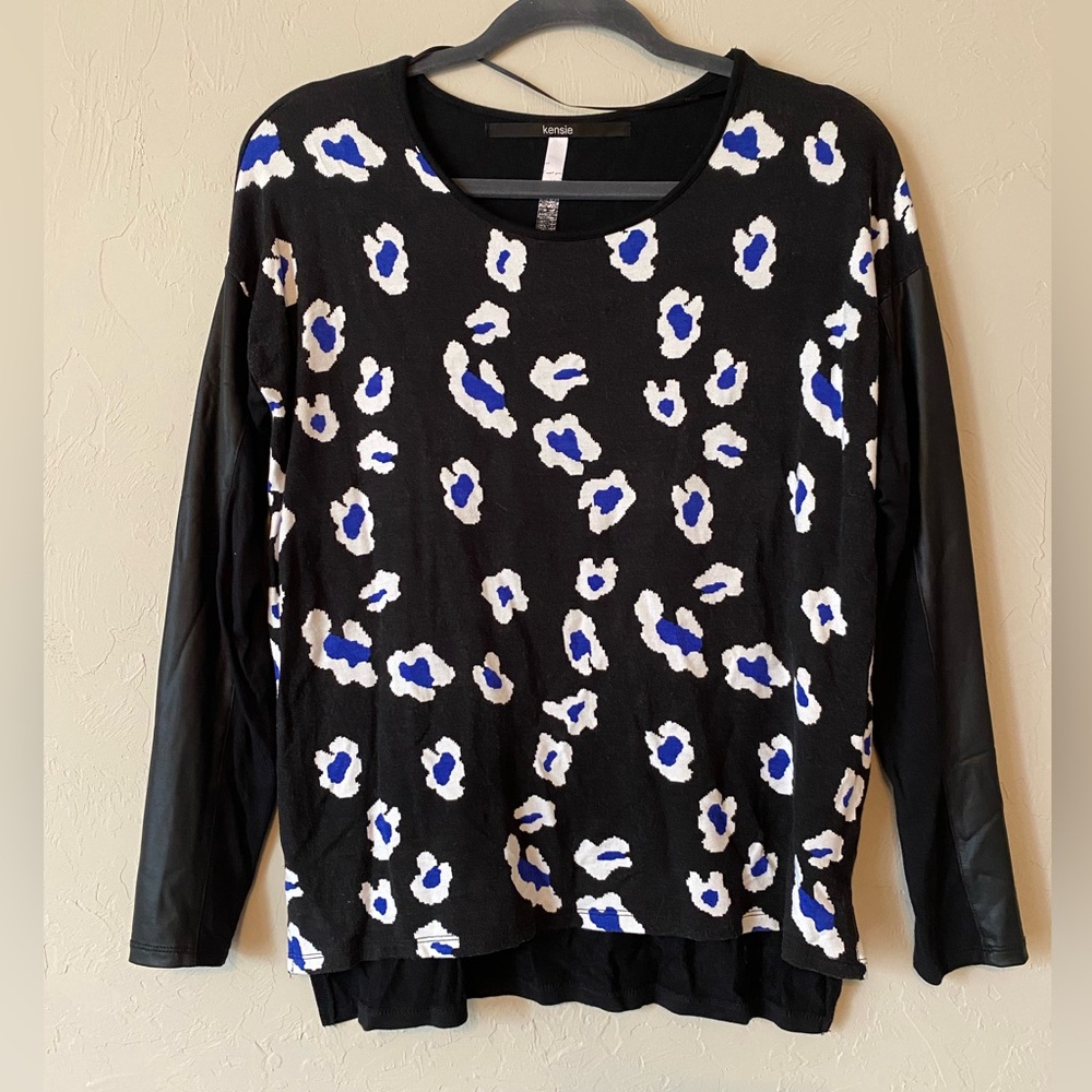 Kensie Black Animal Print Faux Leather Sleeve Blouse S